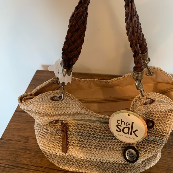 The Sak Crochet Purse Bag Braided Leather Handles Beige Grey Stripes NWT - Picture 3 of 6